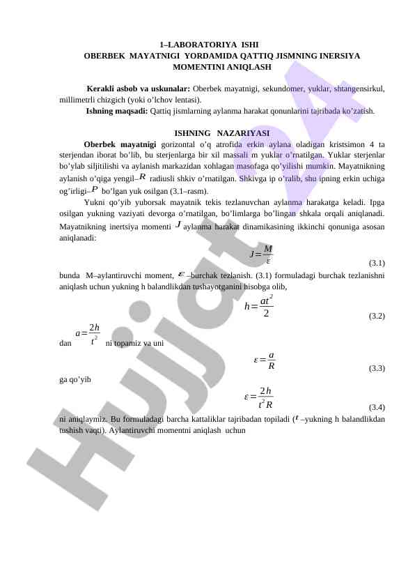 Inersiya momentini aniqlash laboratoriya ishlari