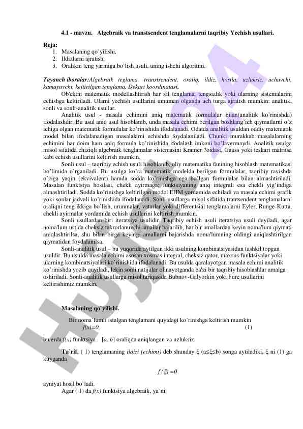 Algebraik va transtsendent tenglamalarni taqribiy yechish