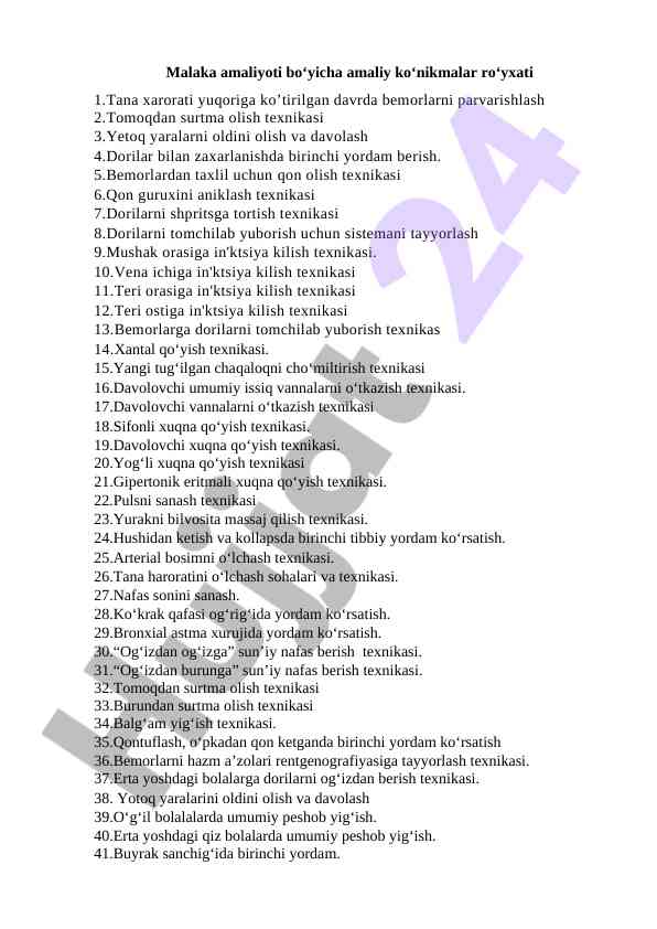 Malaka amaliyoti bo'yicha amaliy ko'nikmalar