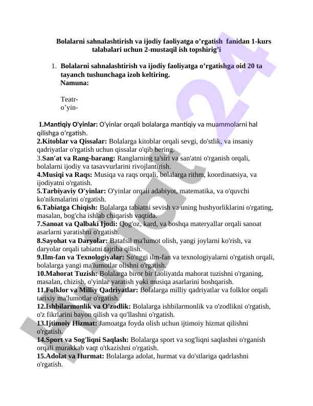 Bolalarni sahnalashtirish va ijodiy faoliyat