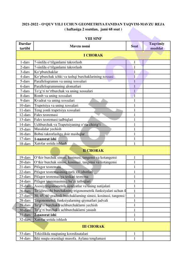 7-sinf matematikasi darslar taqvimi