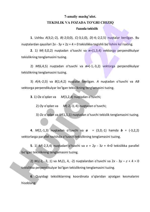 Tekislik va fozada to'g'ri chiziq masalalari