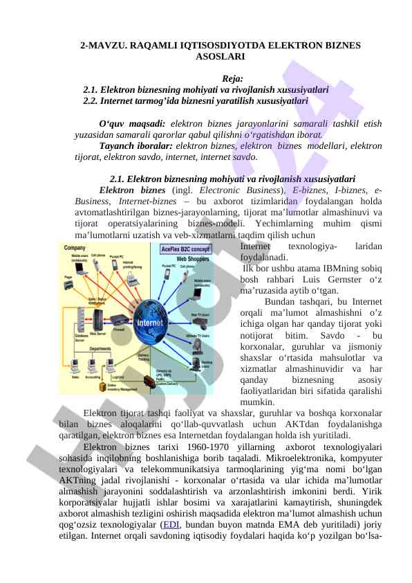 Elektron biznes asoslari va rivojlanish xususiyatlari