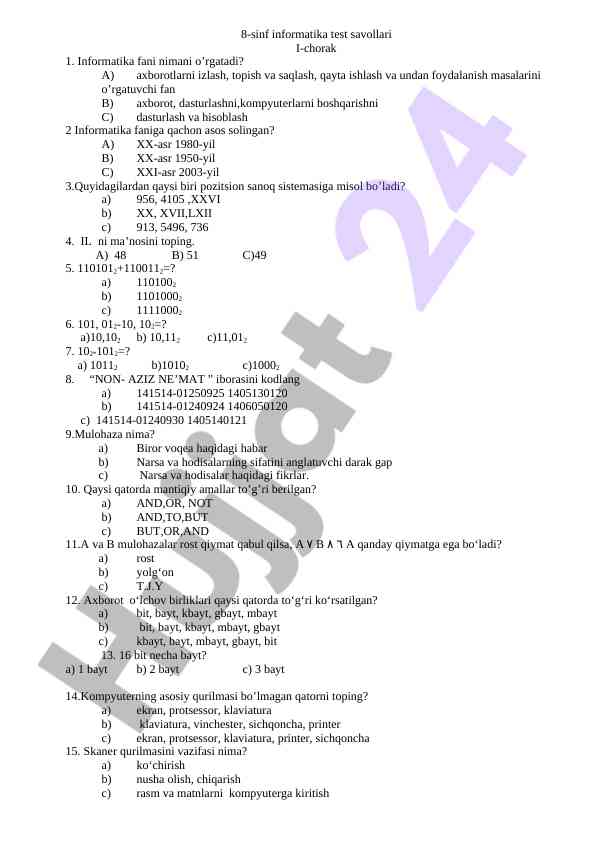 8-sinf informatika test savollari i-chorak