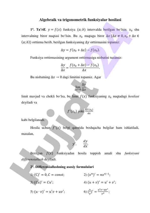 Algebraik va trigonometrik funksiyalar hosilasi