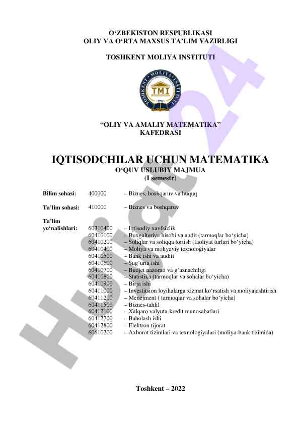 Iqtisodchilar uchun matematika o‘quv usuliy majmua