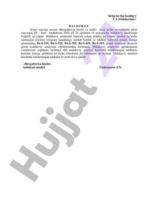 Malakaviy amaliyot hisoboti talabalarga bajarilishi