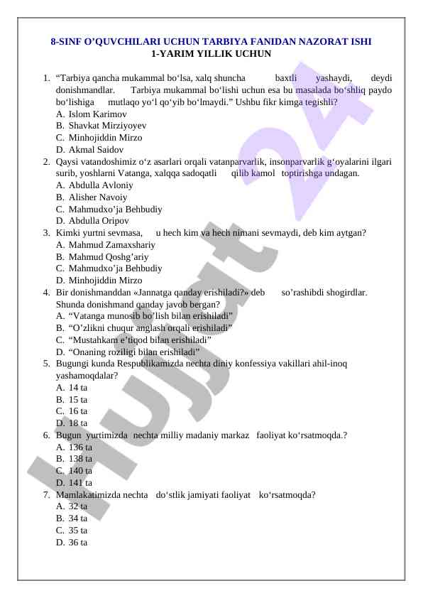 8-sinf o‘quvchilari uchun tarbiya fanidan nazorat
