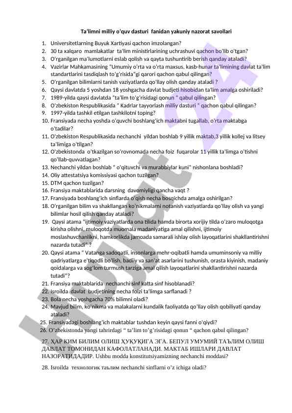 Milliy o‘quv dasturi fanidan yakuniy nazorat savollari