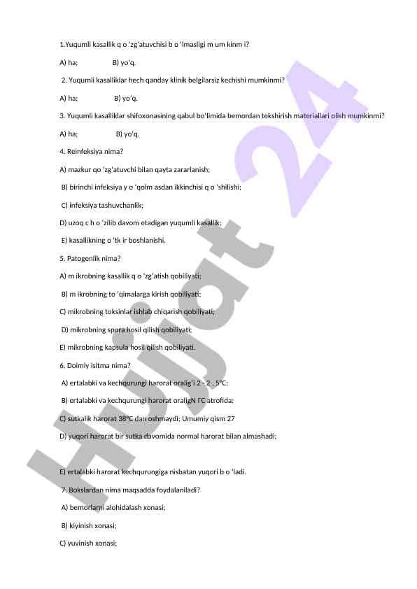 Yuqumli kasalliklar bo‘yicha test savollari