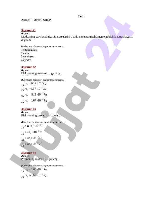 Modda kimyosi test savollari