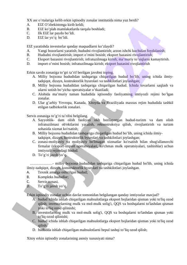 Erkin iqtisodiy zonalar va ularning maqsadlari