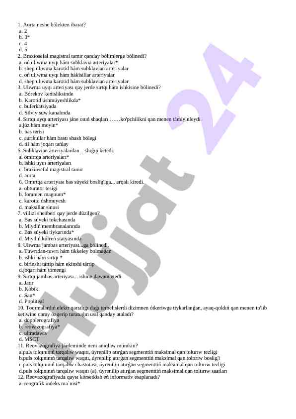 Aorta va arteriyalar: tibbiy test savollar