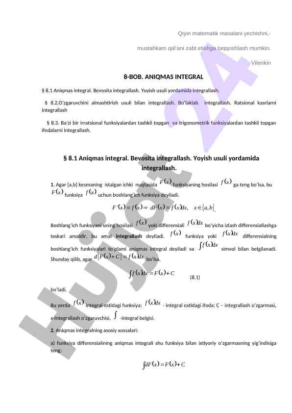Aniqmas integralni yechish usullari