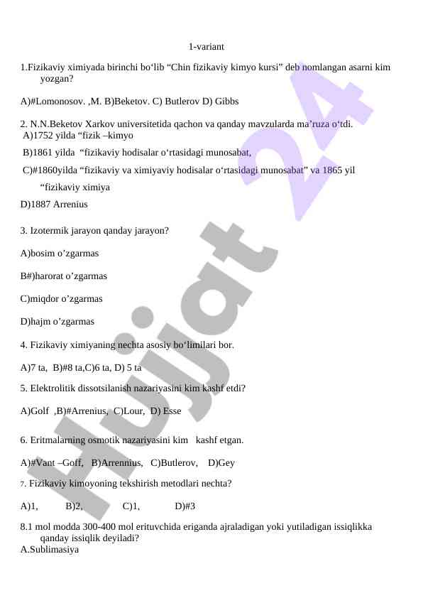 Fizikaviy ximiya testlari bo'yicha savollar