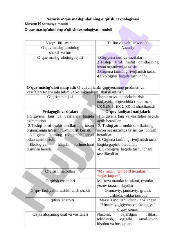 Sanitariya maorifi o‘quv mashg‘uloti rejasi