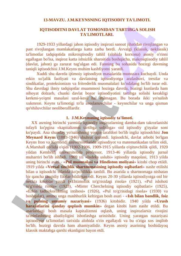 J.m.keynsning iqtisodiy ta'limoti asoslari
