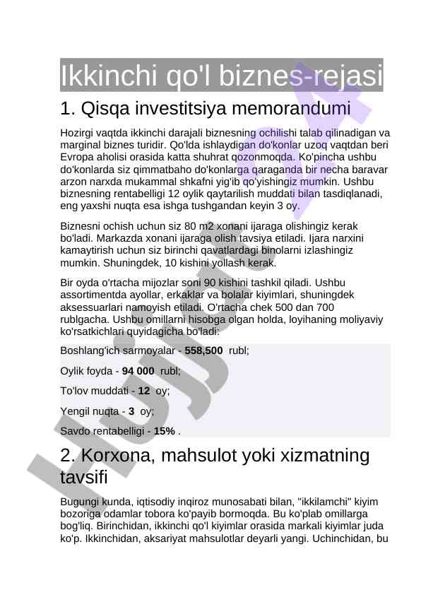 Ikkinchi qo'l biznes-rejasi va investitsiya memorandumi