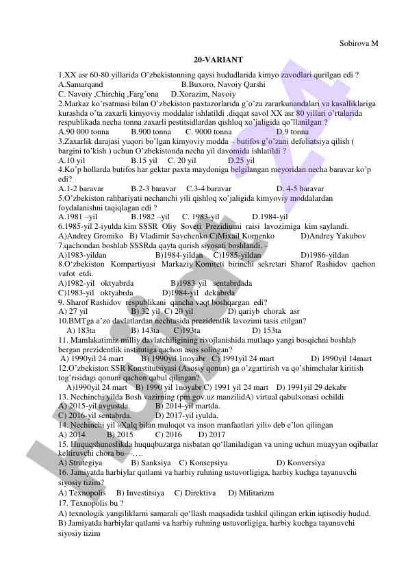 Kimyo fanni bo‘yicha sinov savollari