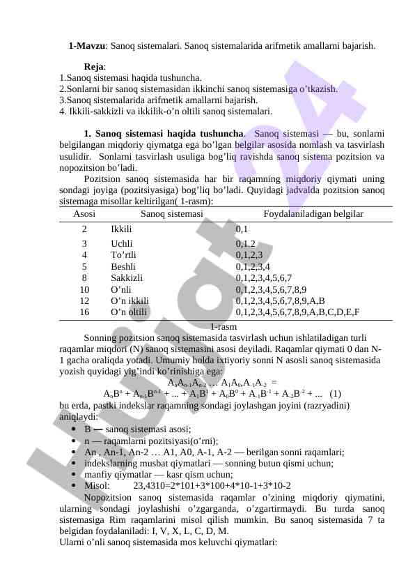 Sanoq sistemalari va arifmetik amallar