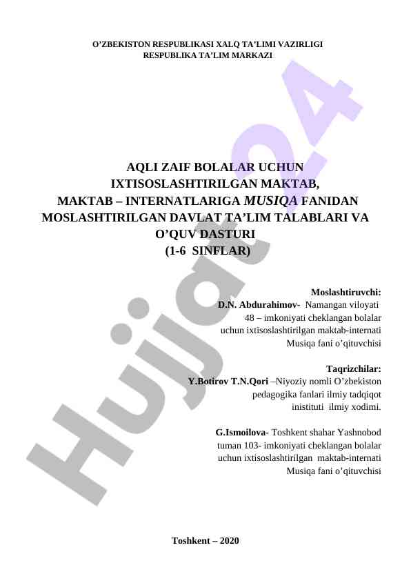 Musiqa fanidan davlat ta’lim talablari va o‘quv dasturi