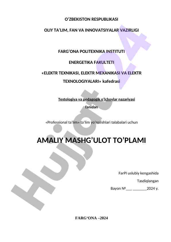 Amaliy mashg'ulot to'plami testologiya fanida