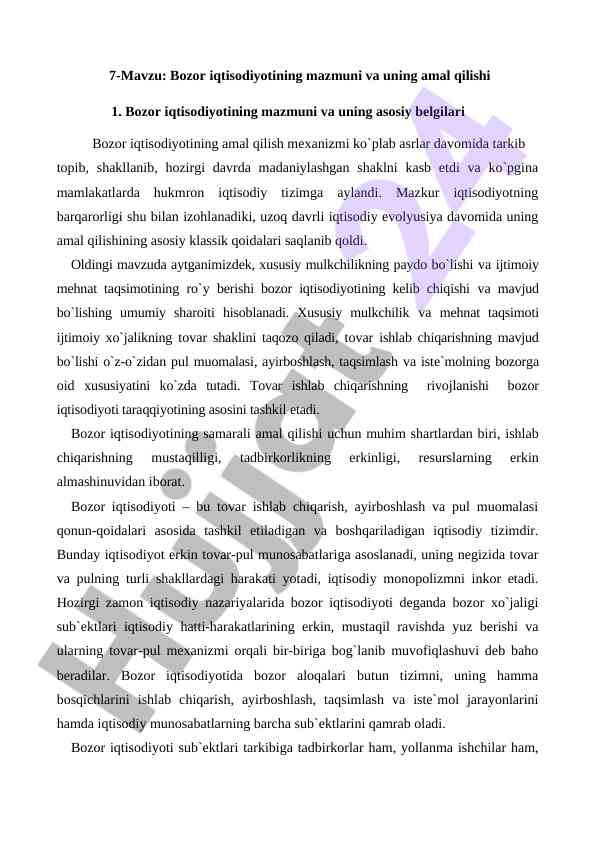 Bozor iqtisodiyotining mazmuni va amal qilishi