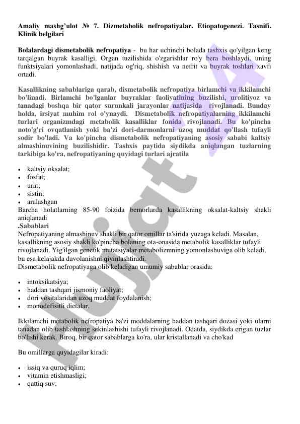 Dizmetabolik nefropatiyalar: etiopatogenezi va tasnifi