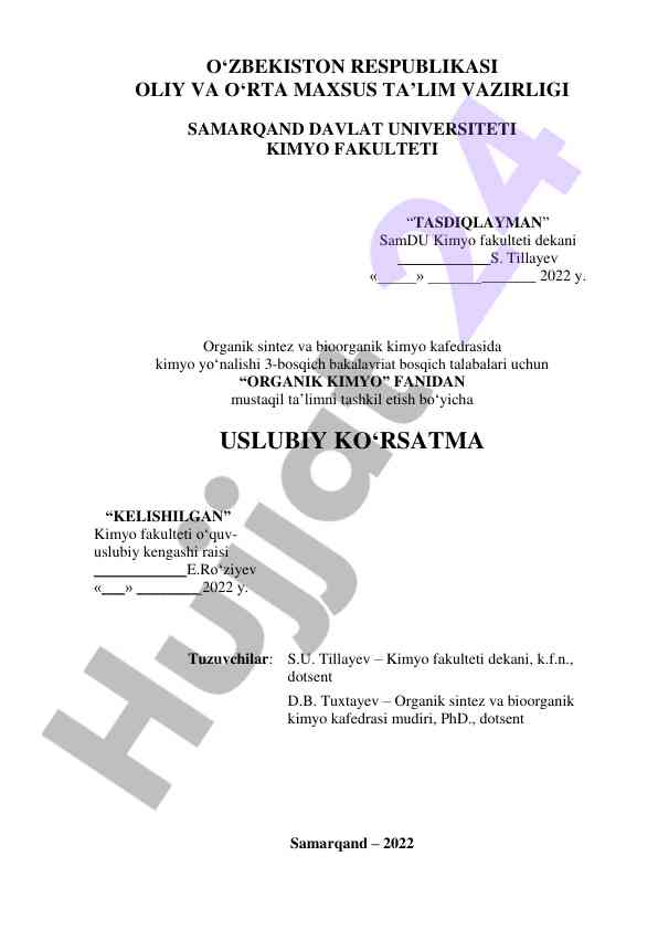 Organik kimyo fani uchun mustaqil ta’lim yo'riqnomalari