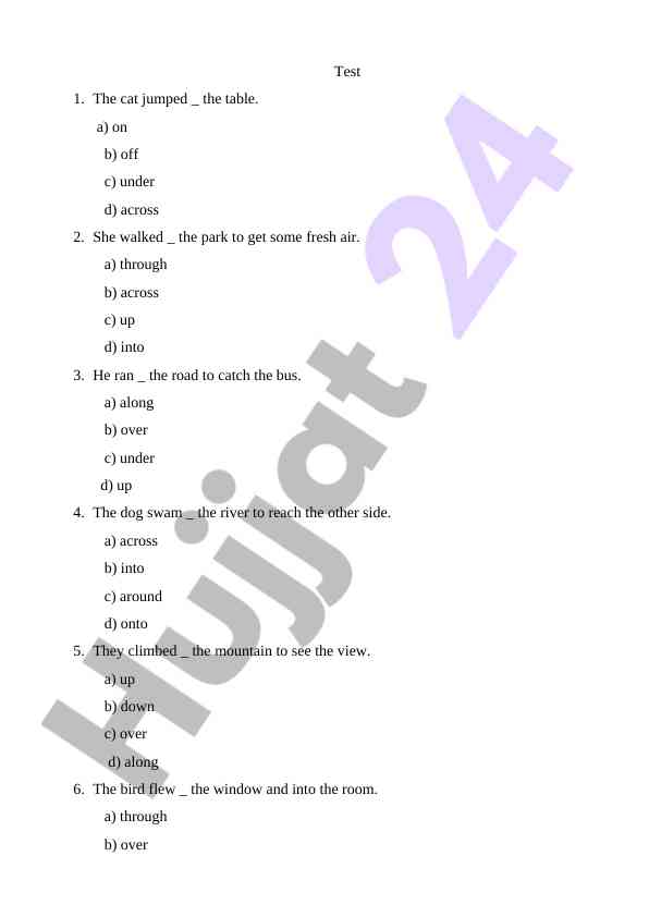 Test sample questions for prepositions and articles