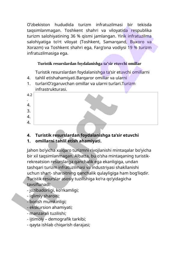O‘zbekiston turizm infratuzilmasi tahlili