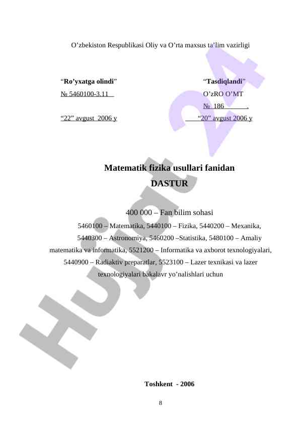 Matematik fizika usullari fanidan o‘quv dasturi
