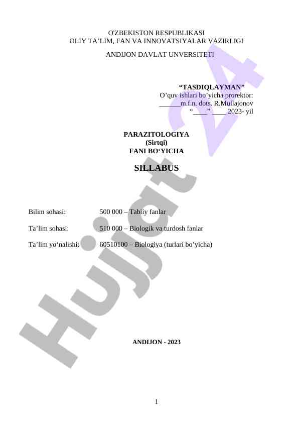 Parazitologiya sillabusi biologiya fanlari uchun