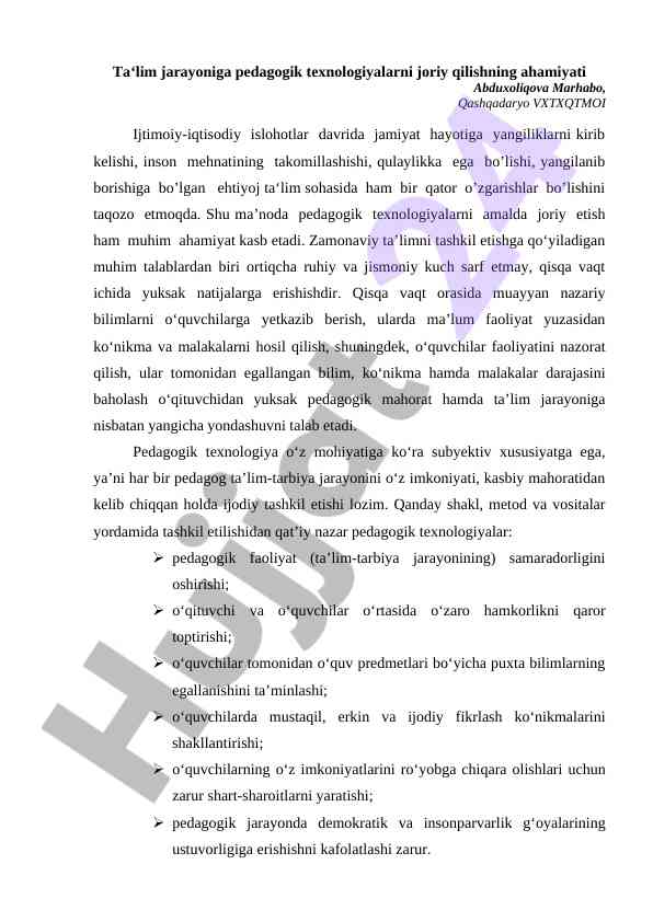 Pedagogik texnologiyalarni ta‘lim jarayonida joriy qilish
