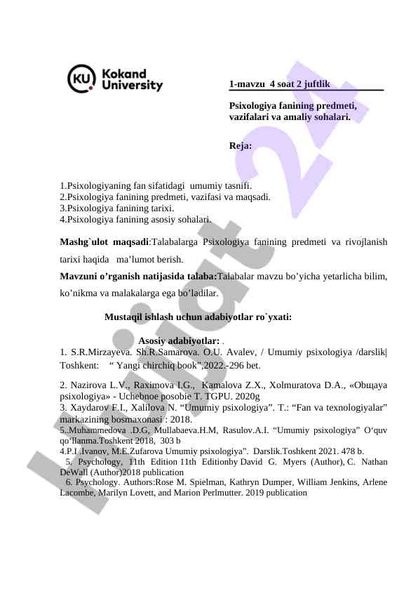 Psixologiya fanining umumiy tasnifi