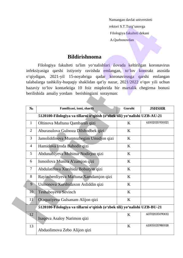 Koronavirusga qarshi emlangan talabalarga chiqimlar