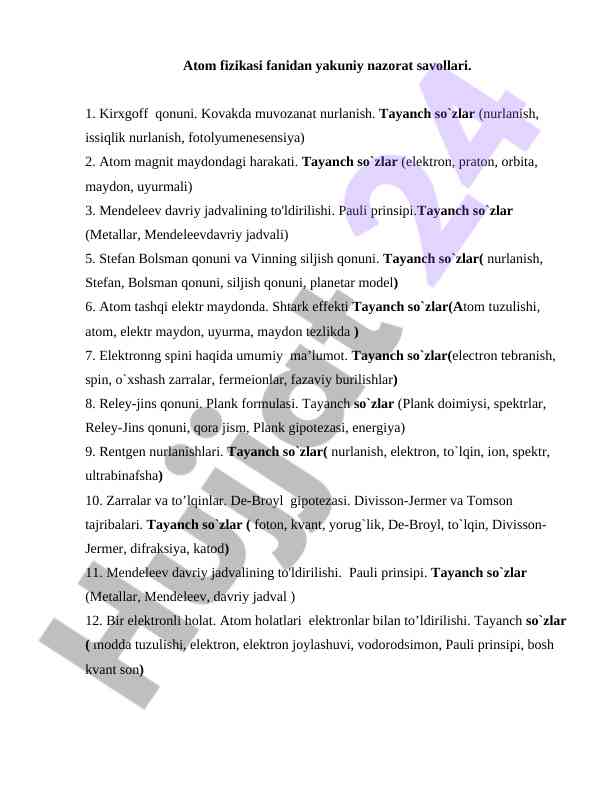 Atom fizikasi fanidan yakuniy nazorat savollari