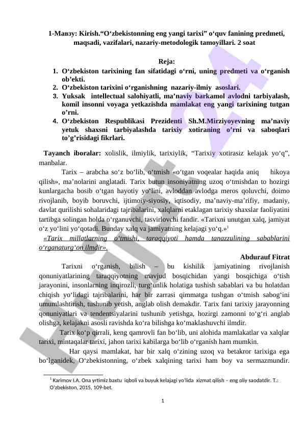 O‘zbekistonning eng yangi tarixi o‘quv fanining tahlili
