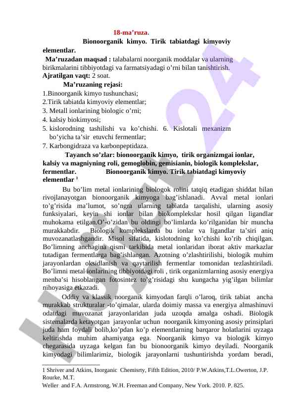 Bionoorganik kimyo ma’ruzasining rejasi