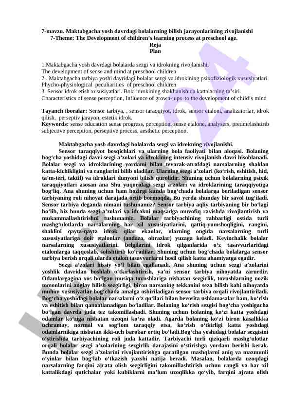 Maktabgacha yosh davrdagi bolalarning bilish jarayonlari