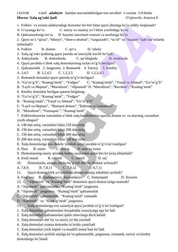 9-sinf adabiyot fanidan mavzulashtirilgan test savollari