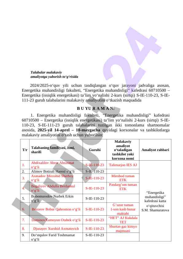 Malakaviy amaliyotga yuborish jarayoniga doir