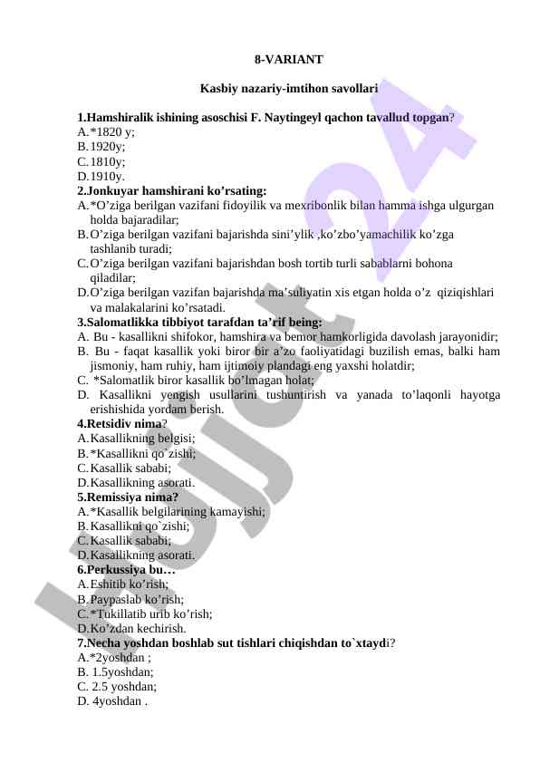 Hamshiralik nazariy imtihon savollari