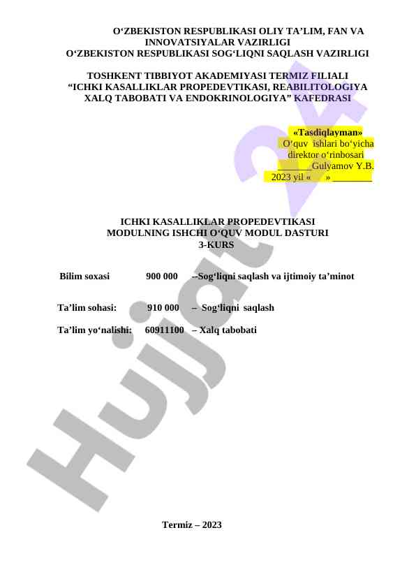 Ichki kasalliklar propedevtikasi modul dasturi