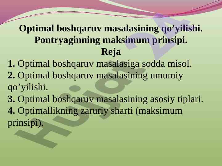 Optimal boshqaruv masalasining qo'yilishi