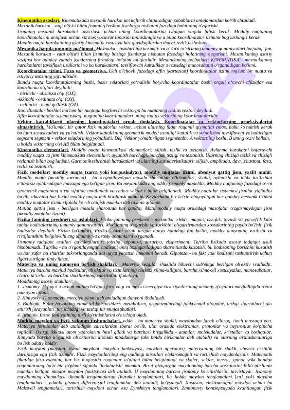 Asosiy kinematika tamoyillari va mexanika