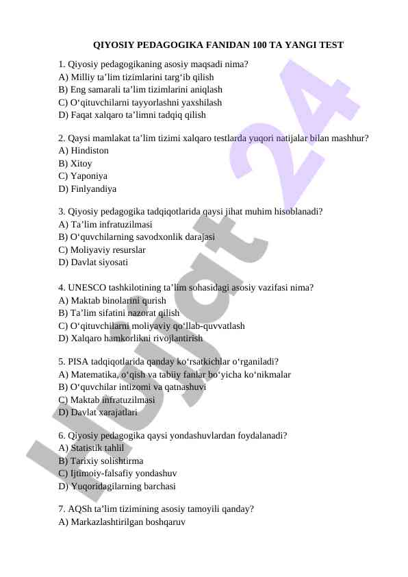 Qiyosiy pedagogika fanidan 100 ta yangi test