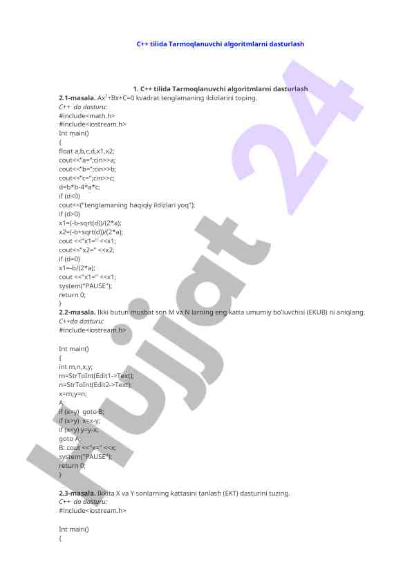 C++ tilida tarmoqlanuvchi algoritmlarni dasturlash
