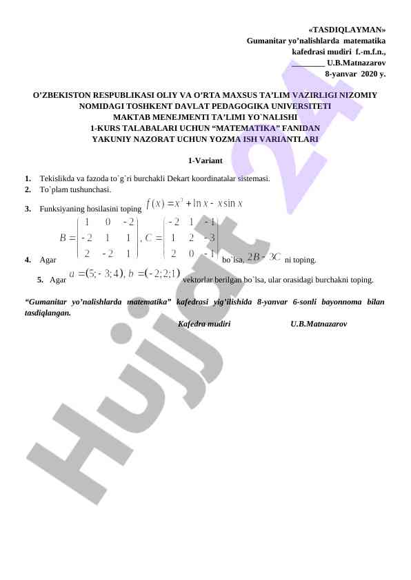 Matematika fanidan yakuniy nazorat variantlari