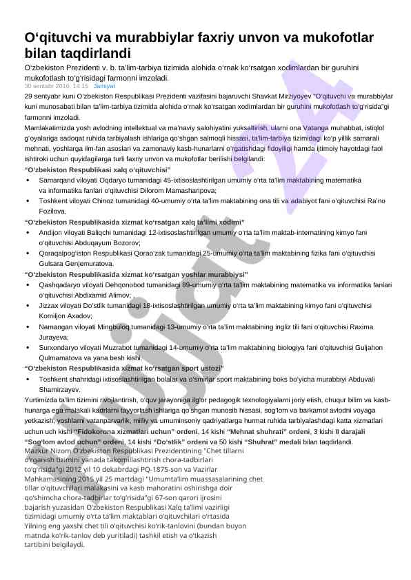 O‘qituvchi va murabbiylarni mukofotlash taqdimoti